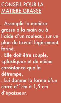 CONSEIL POUR LA MATIERE GRASSE

. Assouplir la matière grasse à la main ou à l’aide d’un rouleau, sur un plan de travail légèrement fariné.
. Elle doit être souple, «plastique» et de même consistance que la détrempe.
. Lui donner la forme d’un carré d‘1cm à 1,5 cm d’épaisseur.